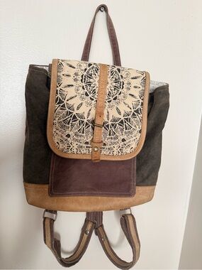 Myra Bag Brown Olive Canvas & Tan Leather Accent Backpack with Etched Flap